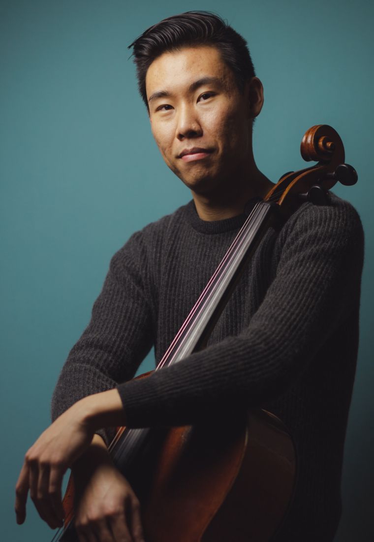 Portrait of Michael Song with his cello